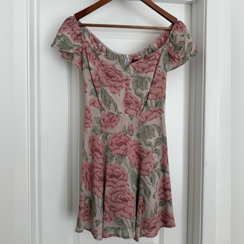 Reformation Pink and Green Off-Shoulder Mini Dress for Weddings